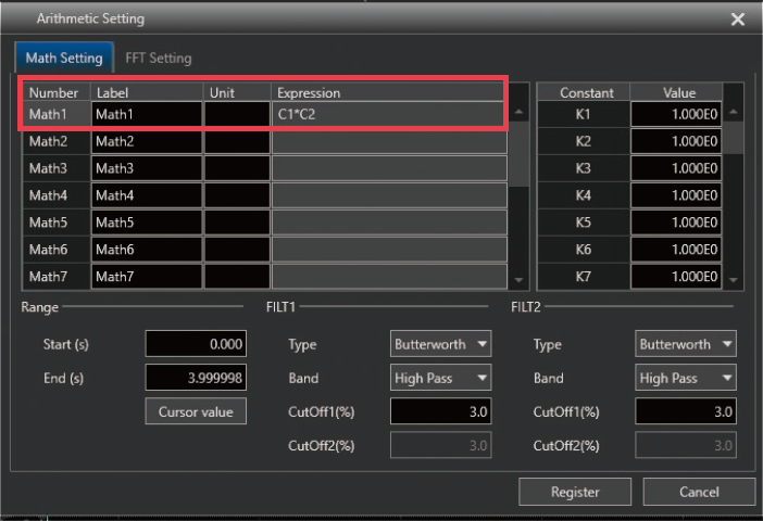 Figure 4. Setting arithmetic operations in the IS8000 (set an arithmetic operation for power in Math 1)