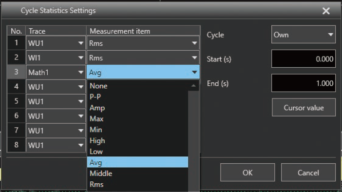 Figure 5. Cycle statistics settings in the IS8000